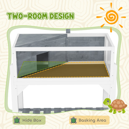 PawHut Wooden Tortoise Habitat with Storage Shelf, Tortoise Enclosure with Clear Windows, Openable Top, Lamp Holder, Gray