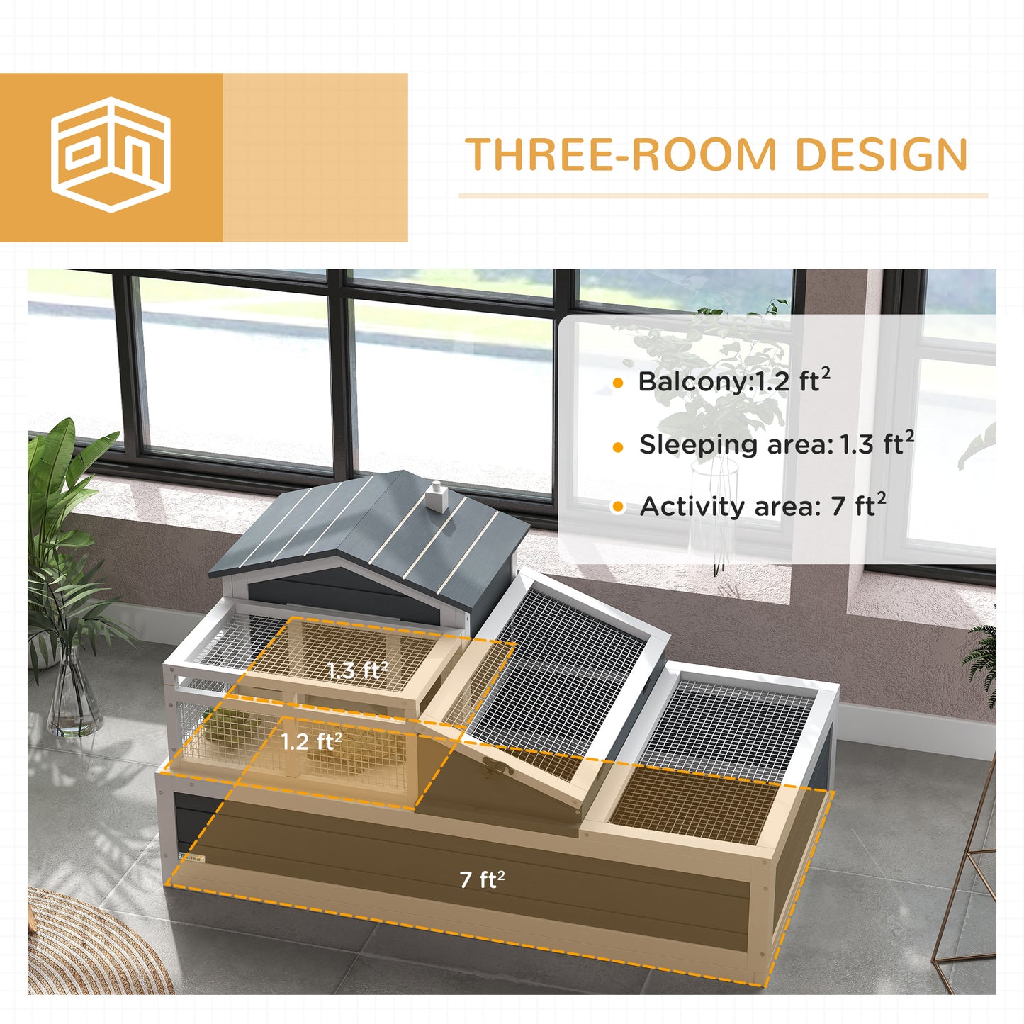 PawHut 3-Room Tortoise Habitat House w/ Balcony & 2 Stories, 44" x 25.5" x 23", Gray