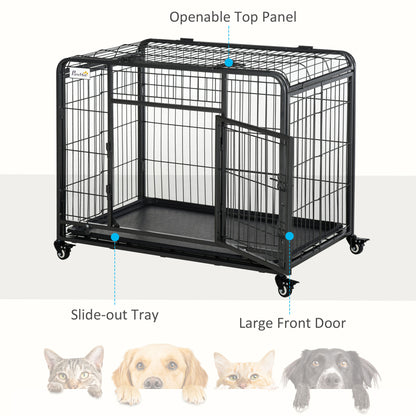 PawHut Folding Design Metal Dog Crate & Heavy Duty Kennel with Removable Tray 4 Locking Wheels 37" x 22.75" x 27.25"