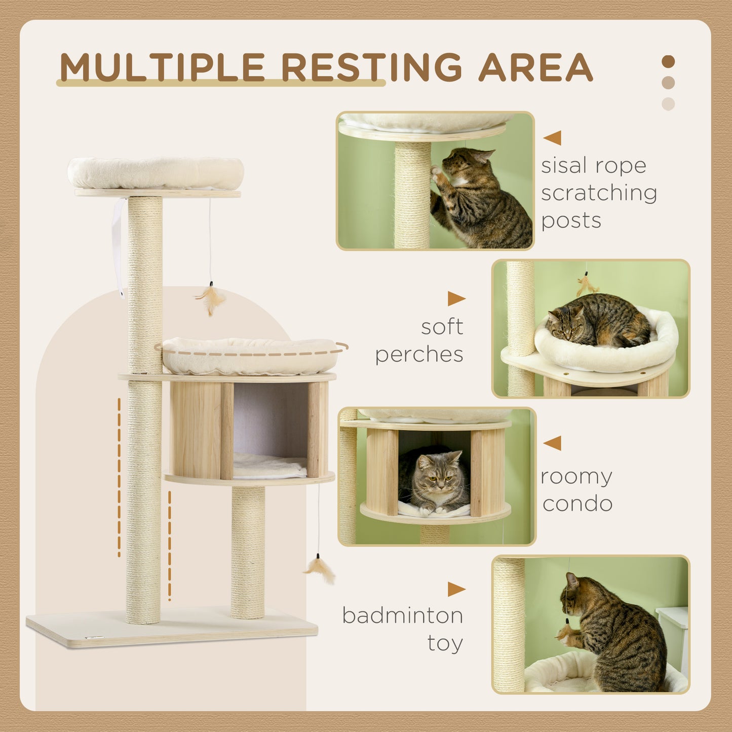 PawHut Cat Tree, 3 Level Cat Tower with Scratching Posts, Bed, Condo, Badminton Toys, for Multiple Kittens