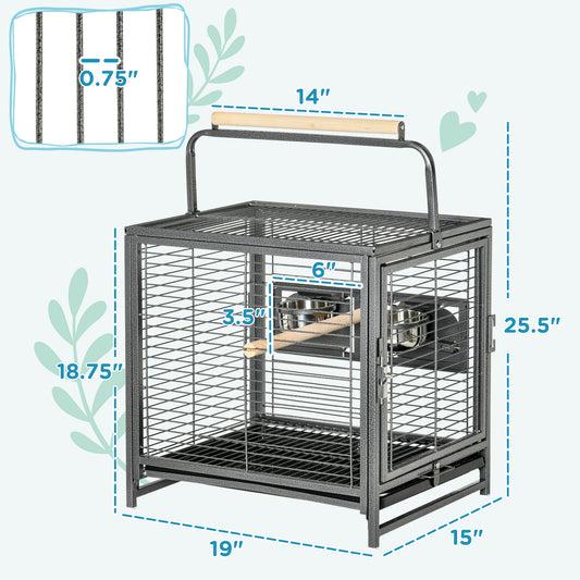 PawHut 18" Parrot Travel Carrier, Heavy Duty Wrought Iron Travel Bird Cage Carrier With Handle Perch And Accessories, Black