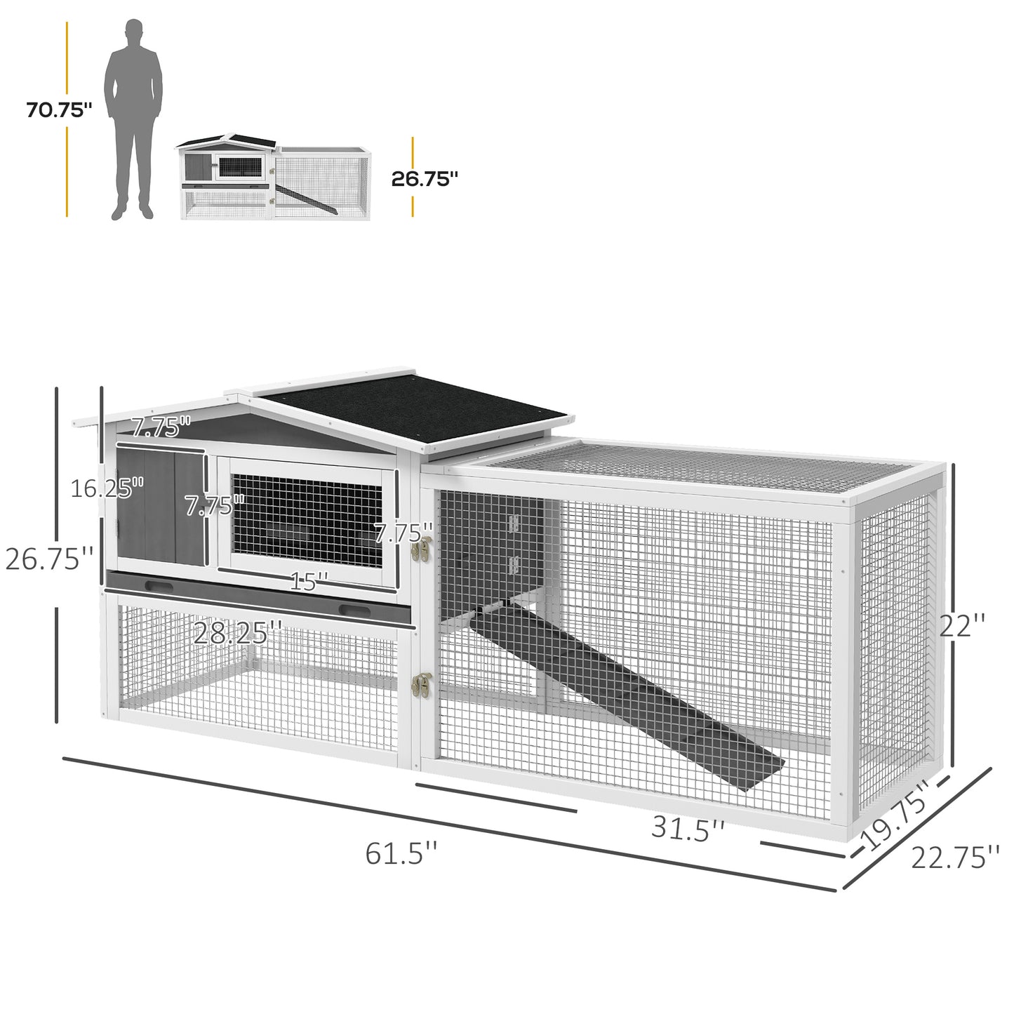PawHut Rabbit Hutch 2-Story Bunny Cage, Guinea Pig Cage, Small Animal House with Slide Out Tray, for Rabbits, Chickens, Ducks, Indoor Outdoor, 61.5" x 23" x 27", Light Gray