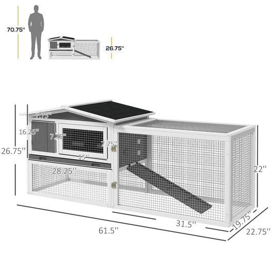 PawHut Rabbit Hutch 2-Story Bunny Cage, Guinea Pig Cage, Small Animal House with Slide Out Tray, for Rabbits, Chickens, Ducks, Indoor Outdoor, 61.5" x 23" x 27", Light Gray