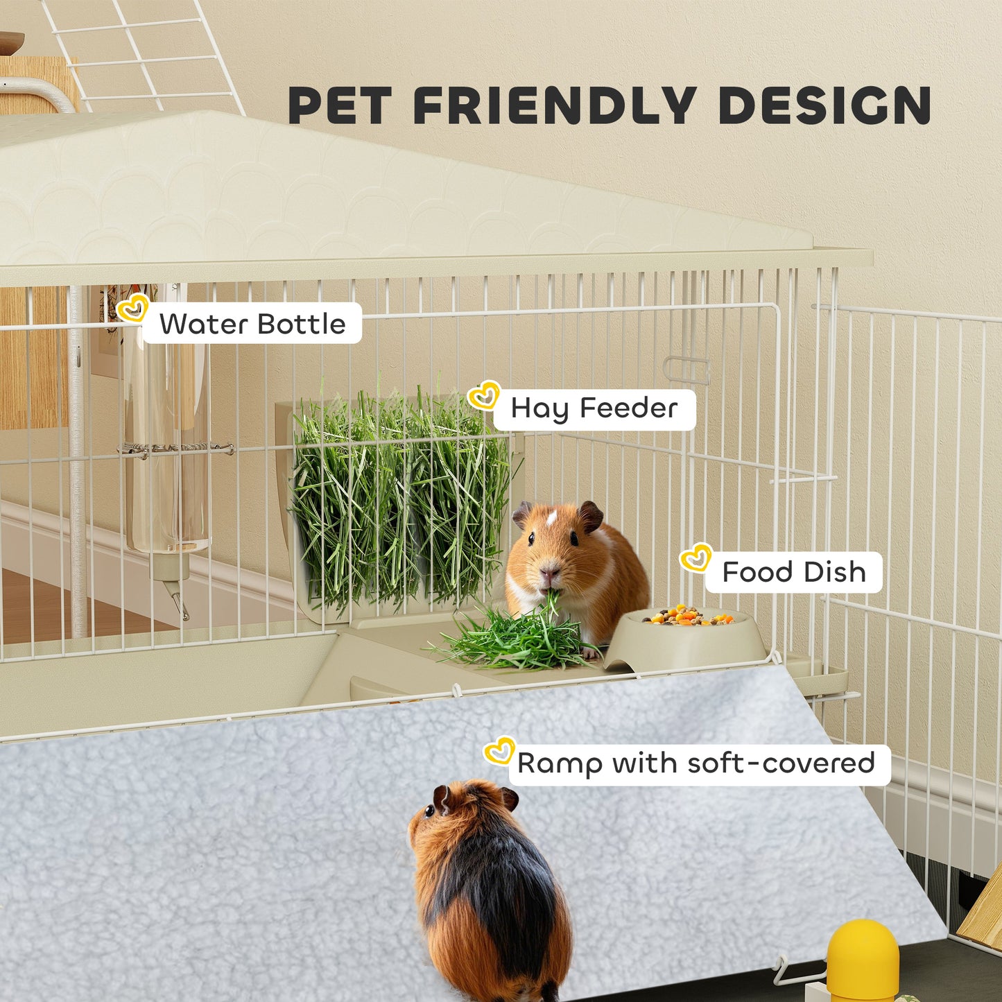 PawHut Small Animal Cage with Removable Pet Playpen, Guinea Pig Cage with Waterproof Pad, Hay Feeder, Water Bottle, Food Dish