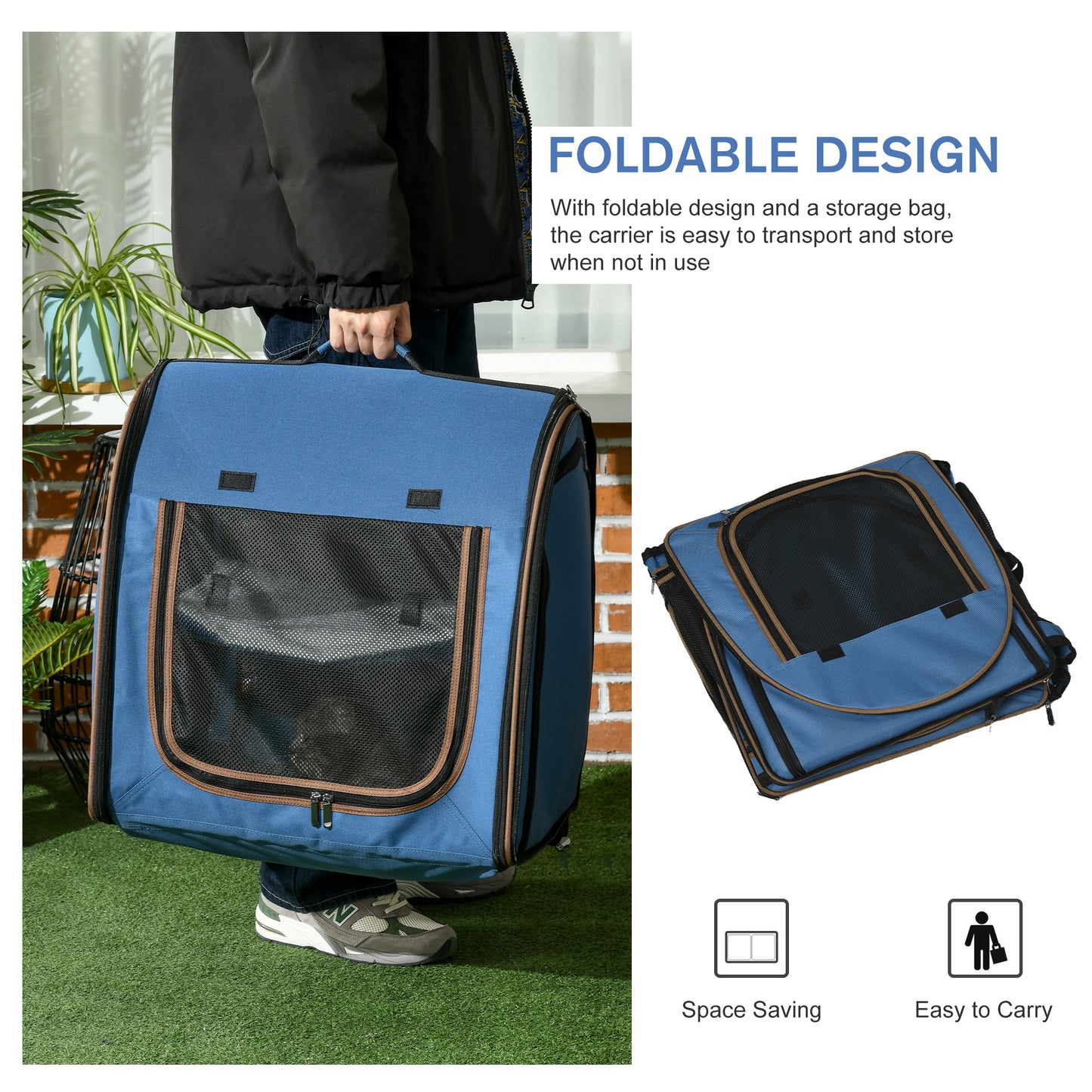 PawHut 39" Portable Soft-Sided Cat Carrier, Cat Kennel, Travel Dog Crate with Divider, Two Compartments, Soft Cushions & Storage Bag, Easy to Fold, Blue