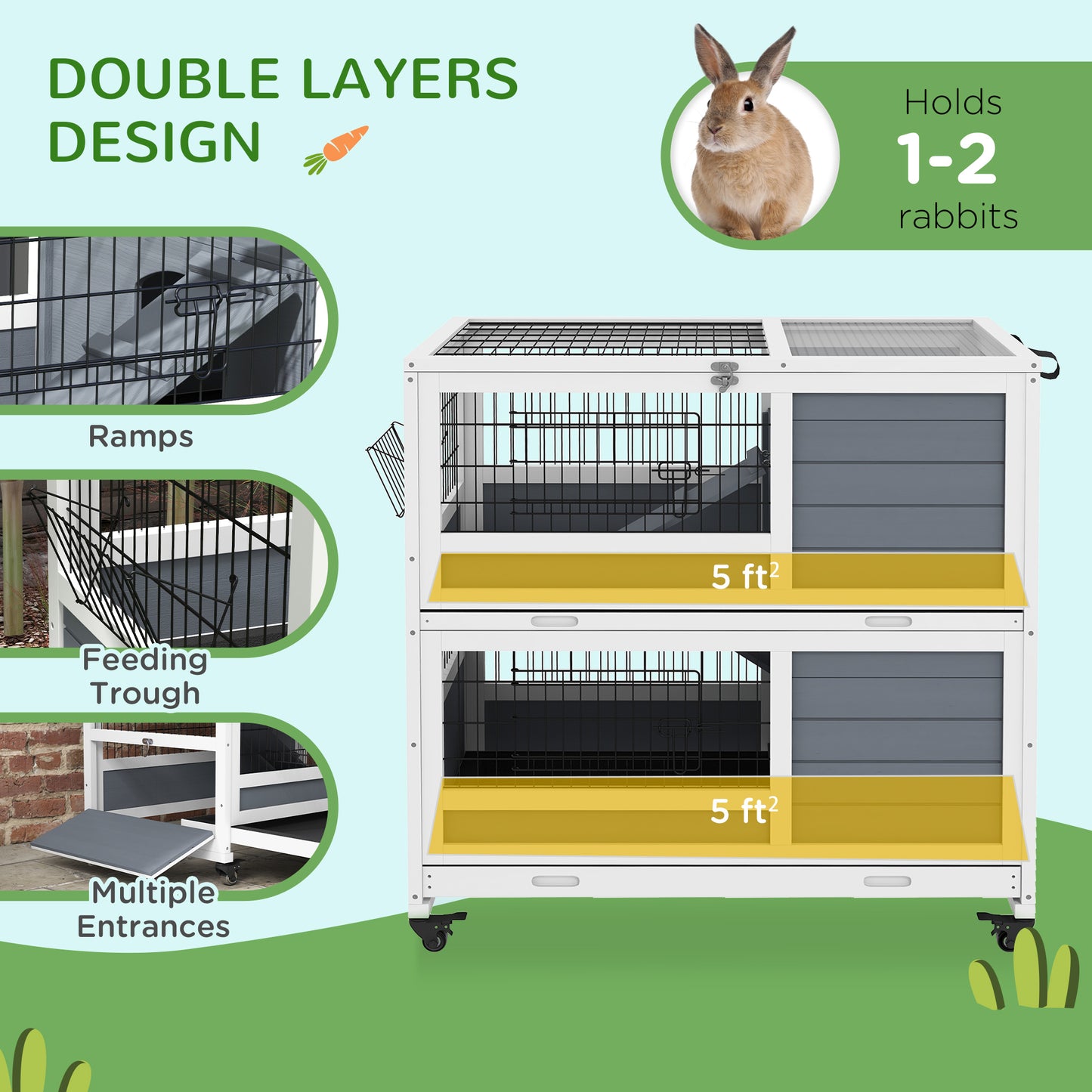 PawHut Gray 2-Story Rabbit Hutch—Wheeled, Feeder Included