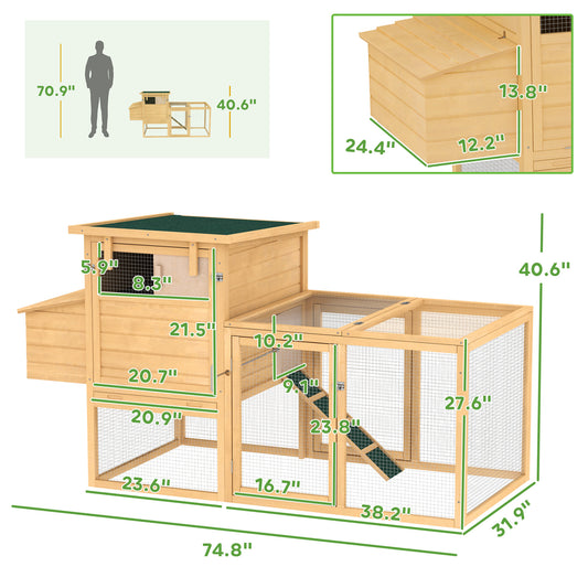 PawHut 75" Wooden Chicken Coop with Nesting Box, Removable Tray, Ramp Run, for Garden Backyard, Natural Wood