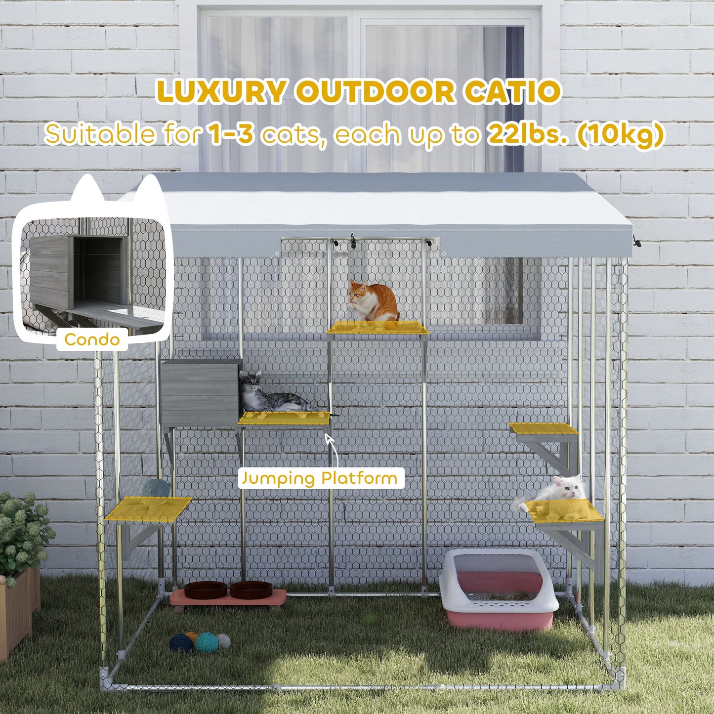 PawHut 79" Galvanized Steel Large Catio with Waterproof Canopy, Sleeping Box, Jumping Platforms, for 1-3 Kittens, Silver