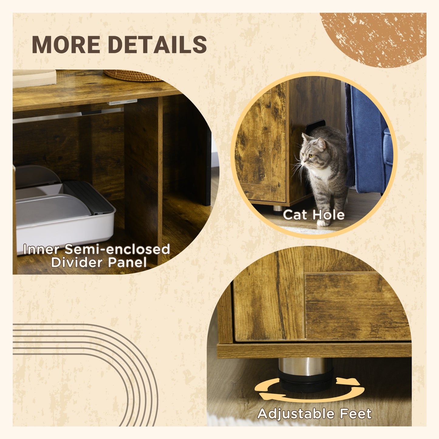 PawHut Hidden Cat Litter Box Enclosure, Cat Washroom Storage Bench Side End Table with Double Doors, Adjustable Feet, Rustic Brown