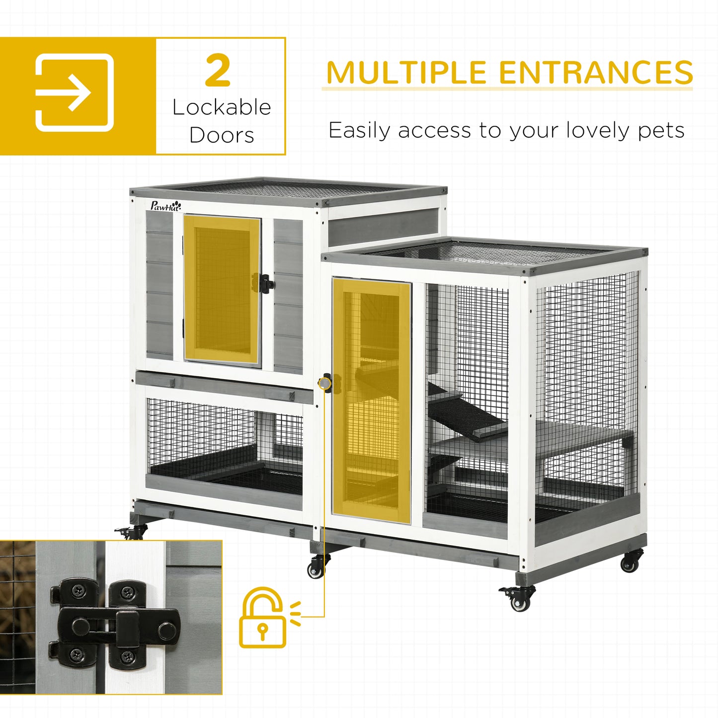 PawHut Three Story Wooden Rabbit Cage Bunny Hutch, Gray