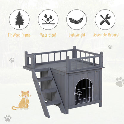 PawHut 2-Level Wooden Cat House, Outdoor Dog Shelter Cat Condo with Lockable Wire Door and Balcony, Gray