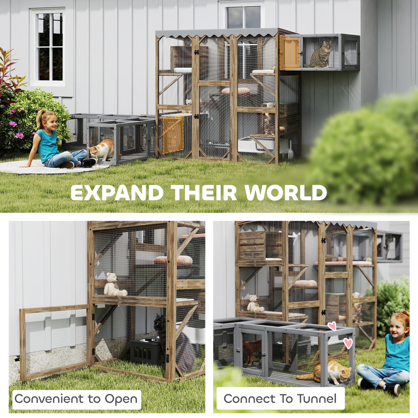 PawHut Outdoor Cat Enclosure with Window Access, 5 Platforms and 2 Resting Boxes, Waterproof Roof for Multiple Cats, Brown