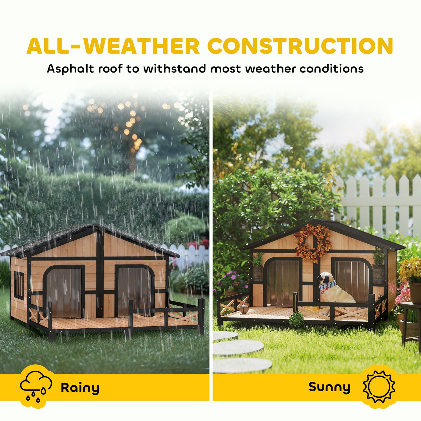 PawHut Dog House Outdoor, Wooden Dog Kennel Weatherproof with Porch, Openable Roof, Removable Bottom, Elevated Floor, Double Room for 2 Small to Medium Breeds, Natural
