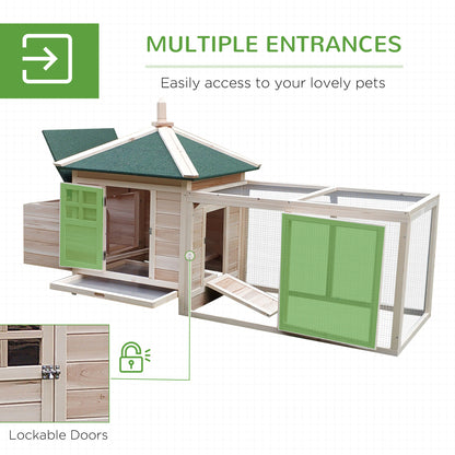 PawHut 77" Wooden Chicken Coop with Nesting Box, Cute Outdoor Hen House with Removable Tray, Ramp Run, for Garden Backyard, Natural