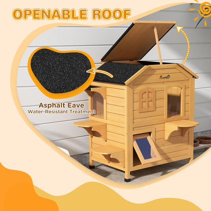 PawHut 2-story Cat House Outdoor, Weatherproof Wooden Cat Enclosure for Feral Cats with Escape Door, Openable Roof, Jumping Platforms, Natural