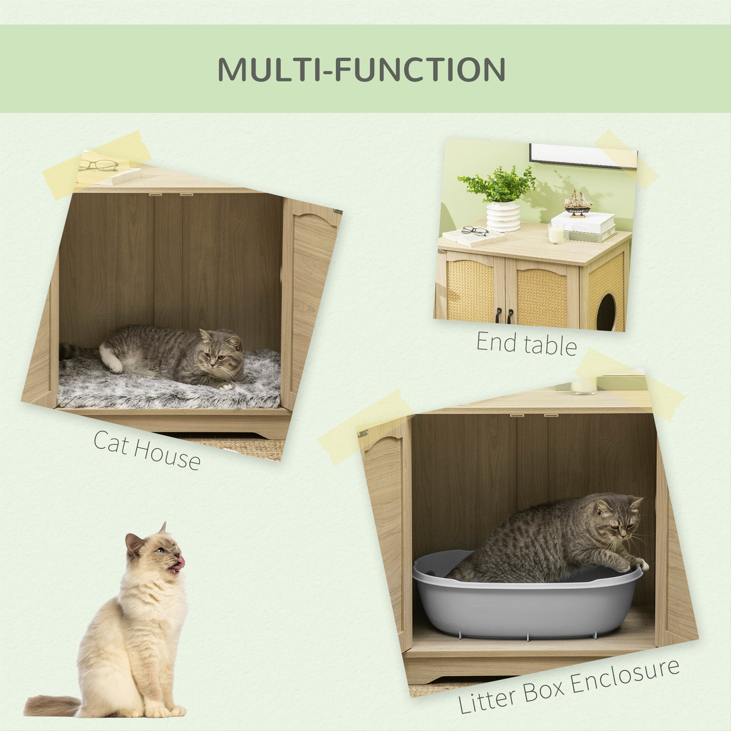 PawHut 3-in-1 Cat Litter Box Furniture Hidden, Cat Cabinet Bed, End Table with Rattan, Kitty Bed with Plush Foam Cushion, Modern Cat Bedding House with End Table Use, Oak