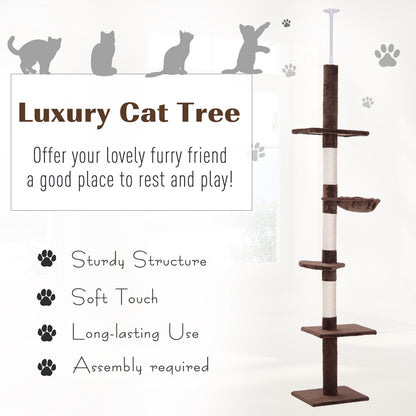 PawHut 8.5' Adjustable Height Floor-to-Ceiling Vertical Cat Tree, 5 Level Cat Climbing Tower, Brown