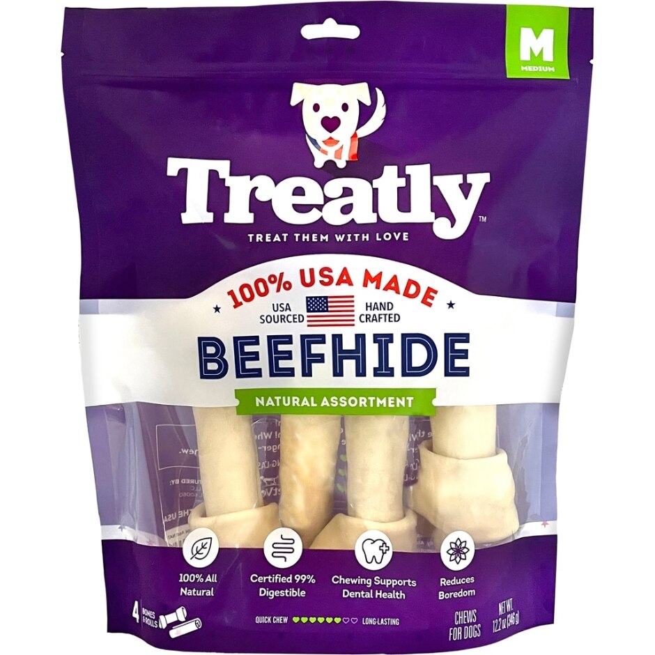 Treatly 100% USA Beefhide Bones & Rolls Natural Medium-4 Pk