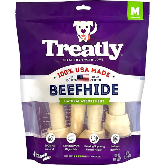 Treatly 100% USA Beefhide Bones & Rolls Natural Medium-4 Pk
