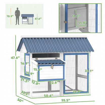 PawHut 55.5" Wooden Chicken Coop with Run Box, Nesting Box, Removable Tray, Ramp, Outdoor Backyard for 2-3 Chickens, White