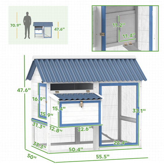 PawHut 55.5" Wooden Chicken Coop with Run Box, Nesting Box, Removable Tray, Ramp, Outdoor Backyard for 2-3 Chickens, White