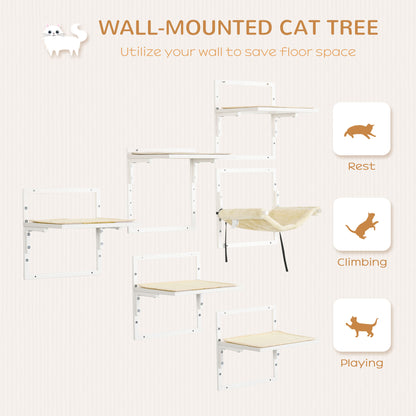 PawHut Cat Shelves for Indoor Cats, 6Pc Modern Cat Wall Furniture with Adjustable Height Jumping Platforms & Hammock, Cream White