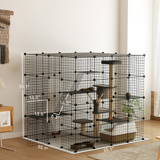 PawHut Detachable Metal Cat Cage with Platforms, Ramps, Accessories, for 1-3 Cats, 55", Black