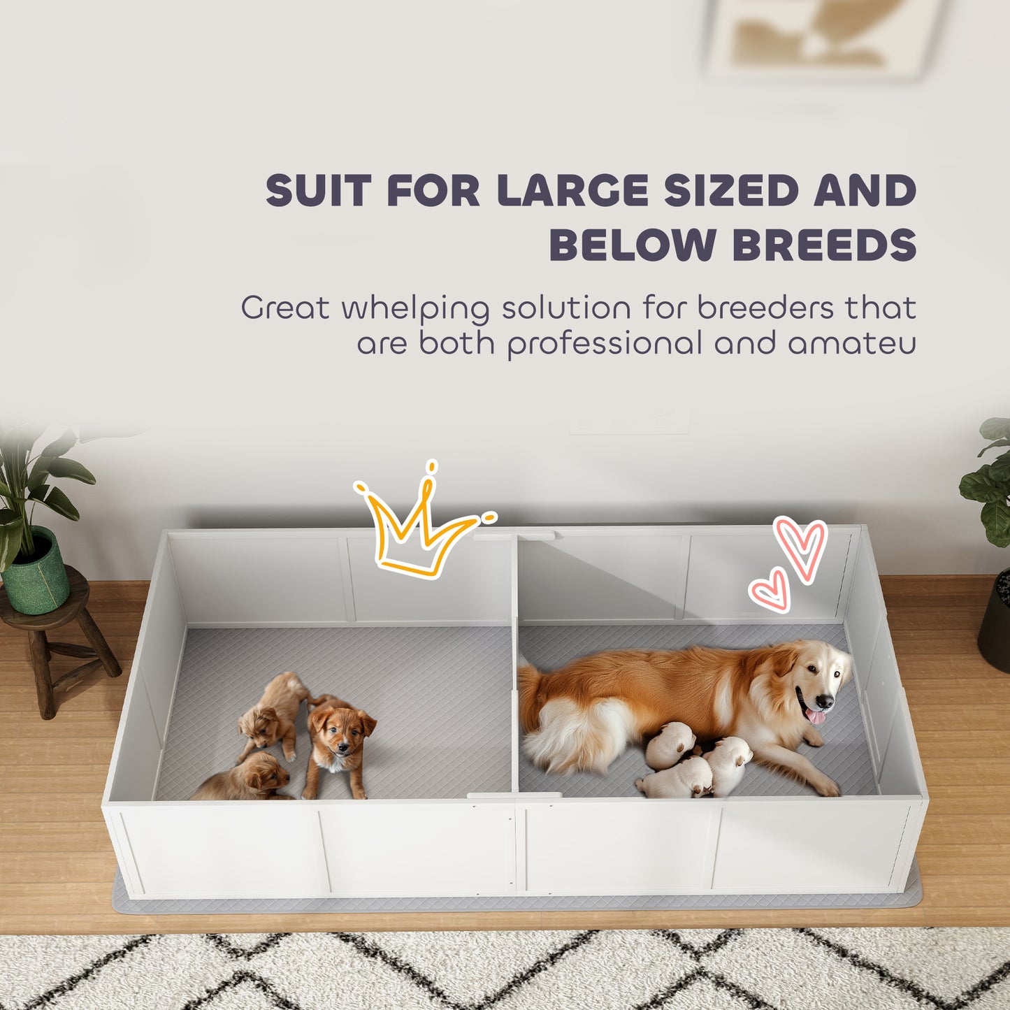 PawHut Whelping Box for Dogs and Puppies w/ Waterproof Pee Pad & Adjustable Door for Large, Medium, Small Dogs,96" x 47" x 19"