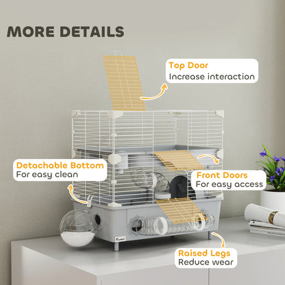 PawHut 2-Tier Hamster Cage with Sand Bathroom, Running Wheel, Water Bottle, Tubes, Accessories, for Dwarf Hamster, Gray