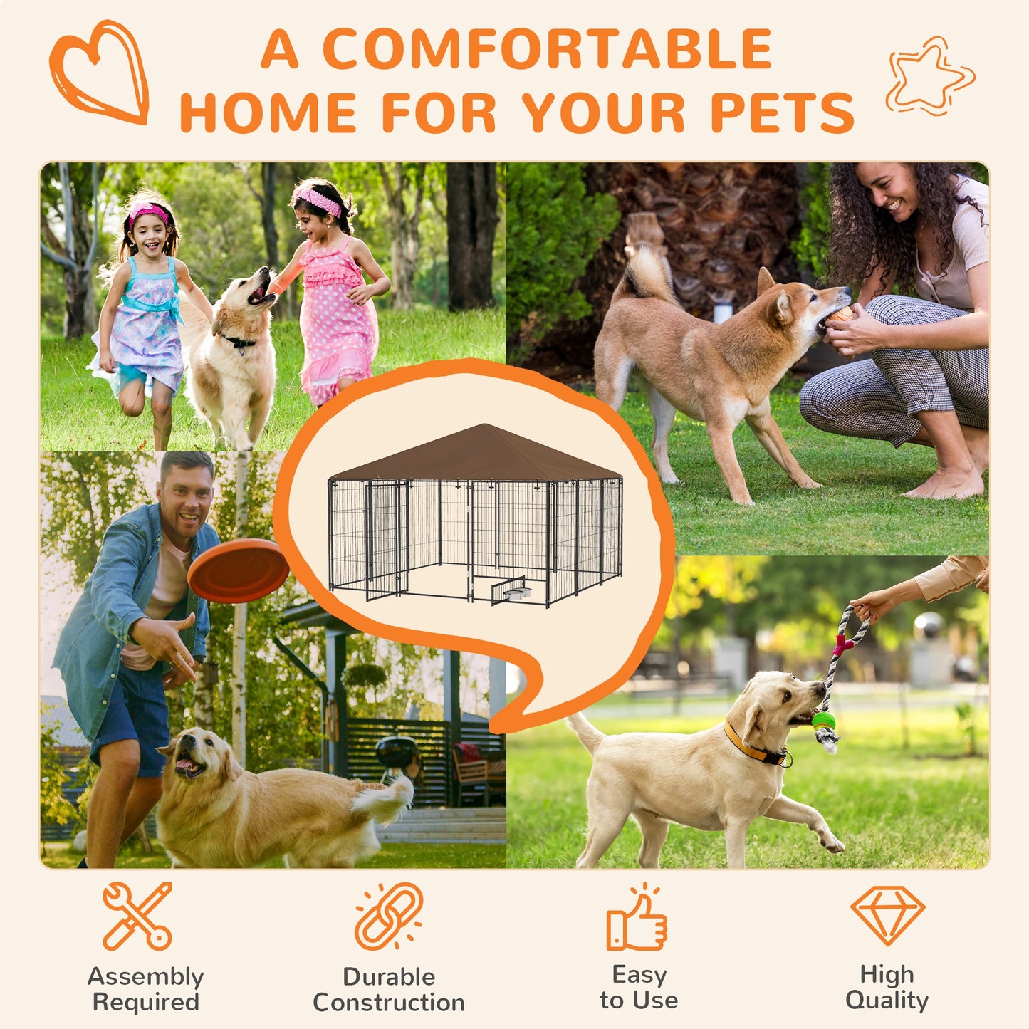PawHut 6.9' x 6.9' x 5' Outdoor Dog Kennel with Canopy Garden Playpen Fence Crate Enclosure Cage Rotating Bowl, Coffee