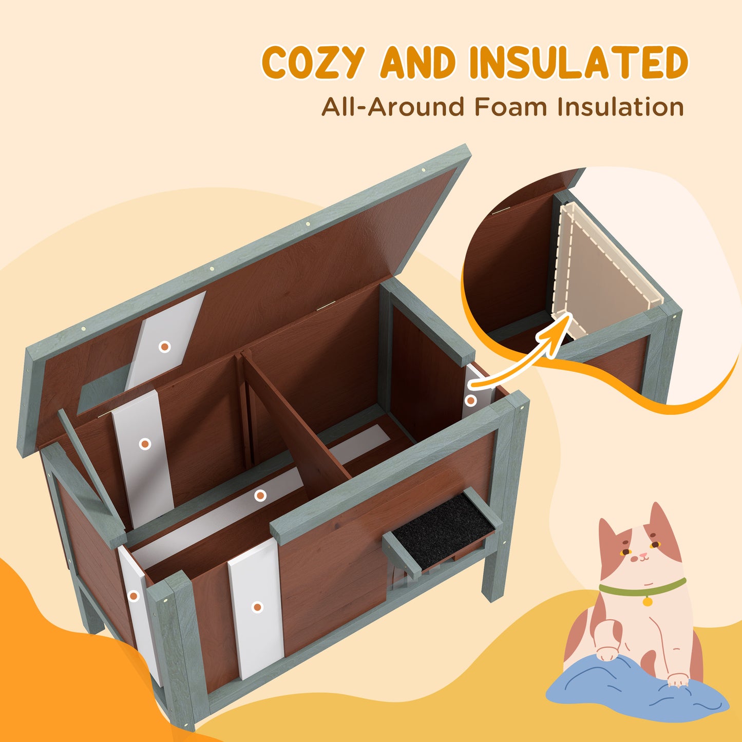 PawHut Outdoor Cat House, Wooden Feral Cat House w/ Removable Floor, Brown