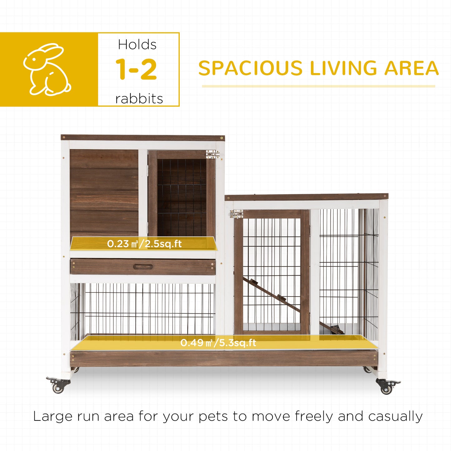 PawHut Wooden Rabbit Hutch Elevated Bunny Cage Indoor Small Animal Habitat with Enclosed Run with Wheels, Ramp, Removable Tray for Rabbits, Chickens, Ducks, Guinea Pigs, Brown