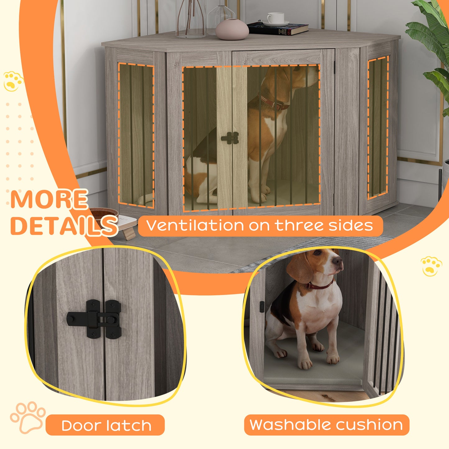 PawHut Corner Dog Crate, Furniture Dog Cages with Cushion for Large-Sized Dog, Indoor Use, Walnut Brown