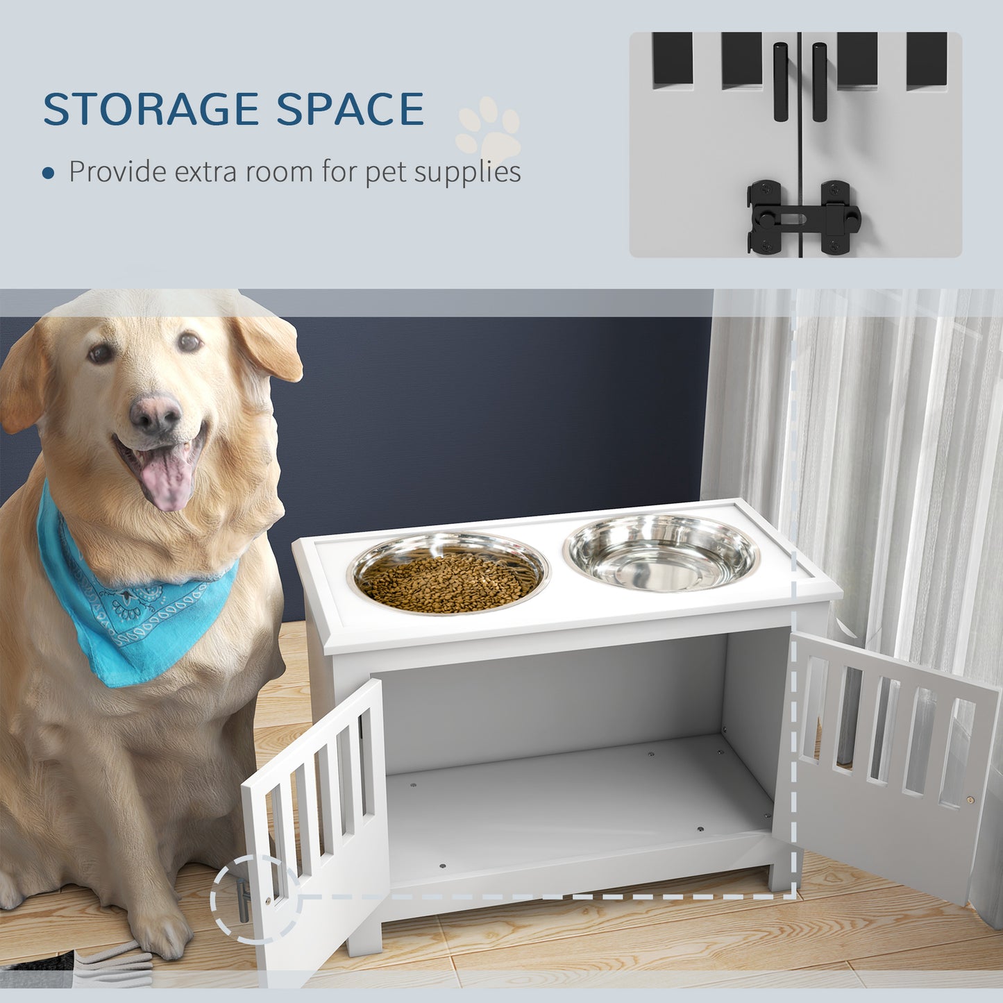 PawHut Dog Food Storage Cabinet with Bowls & Dog Feeding Station, White