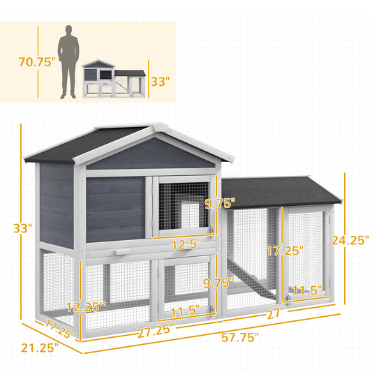 PawHut 58" Wooden Rabbit Hutch – Run, Tray, Asphalt Roof, Ramp, Lockable Doors (Gray)