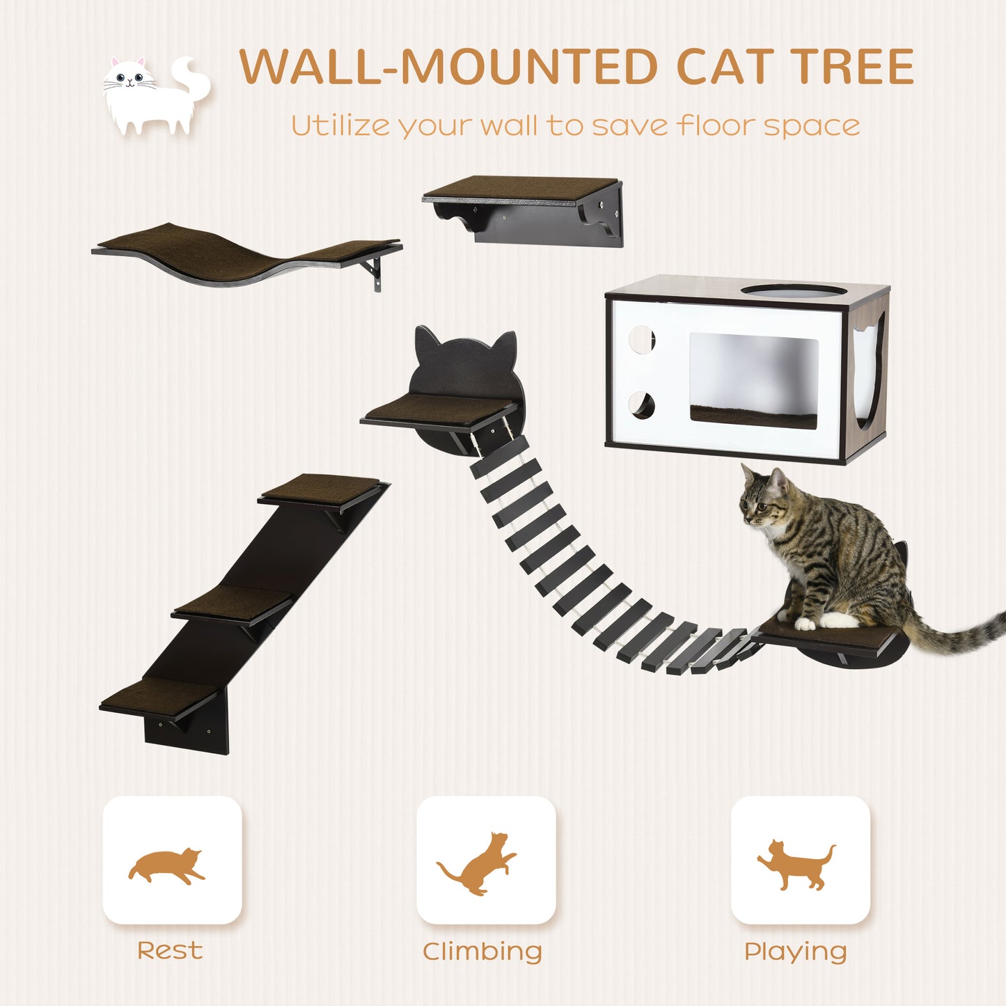 PawHut 5PCs Cat Wall Shelves Pet Wall-mounted Climbing Shelf Set with Cushion Condo Jumping Platform Ladder Brown