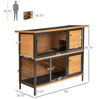 PawHut 48" 2-Story Large Rabbit Hutch Bunny Cage Wooden Pet House Metal Frame with Rooms, Ramp, No Leak Tray, Feeding Trough, Waterproof Asphalt Roof for Rabbits, Chickens, Ducks, Outdoor/Indoor