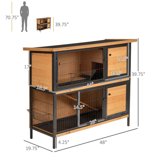 PawHut 48" 2-Story Large Rabbit Hutch Bunny Cage Wooden Pet House Metal Frame with Rooms, Ramp, No Leak Tray, Feeding Trough, Waterproof Asphalt Roof for Rabbits, Chickens, Ducks, Outdoor/Indoor