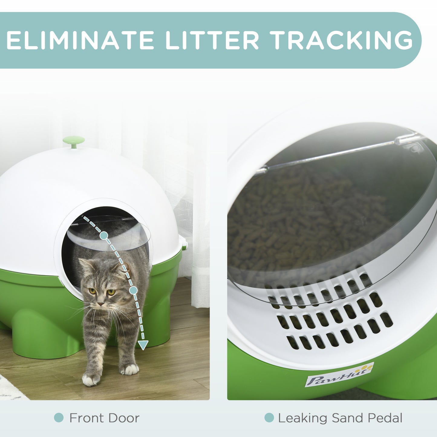 PawHut Hooded Cat Litter Box with Lid, Scoop, Leaking Sand Pedal, Top Handle, Dark Green