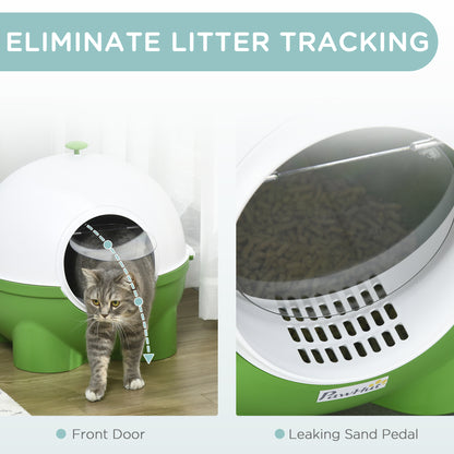 PawHut Hooded Cat Litter Box with Lid, Scoop, Leaking Sand Pedal, Top Handle, Dark Green