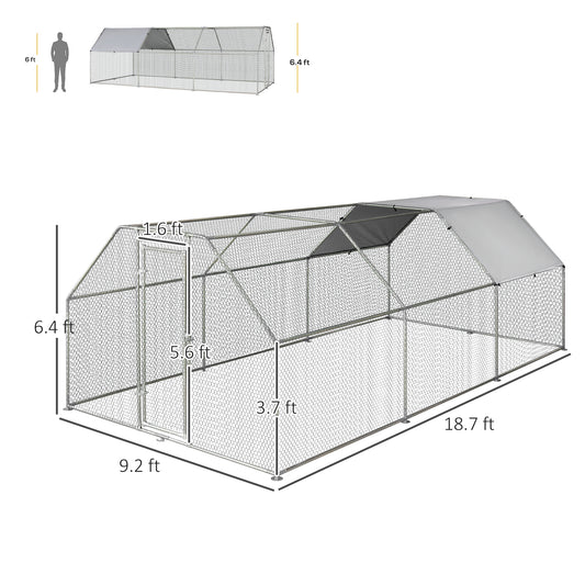 PawHut Large Chicken Coop Metal Chicken Run with Waterproof and Anti-UV Cover, Flat Shaped Walk-in Fence Cage Hen House for Outdoor and Yard Farm Use, 1.3" Tube Diameter, 9' x 18.5' x 6.5'