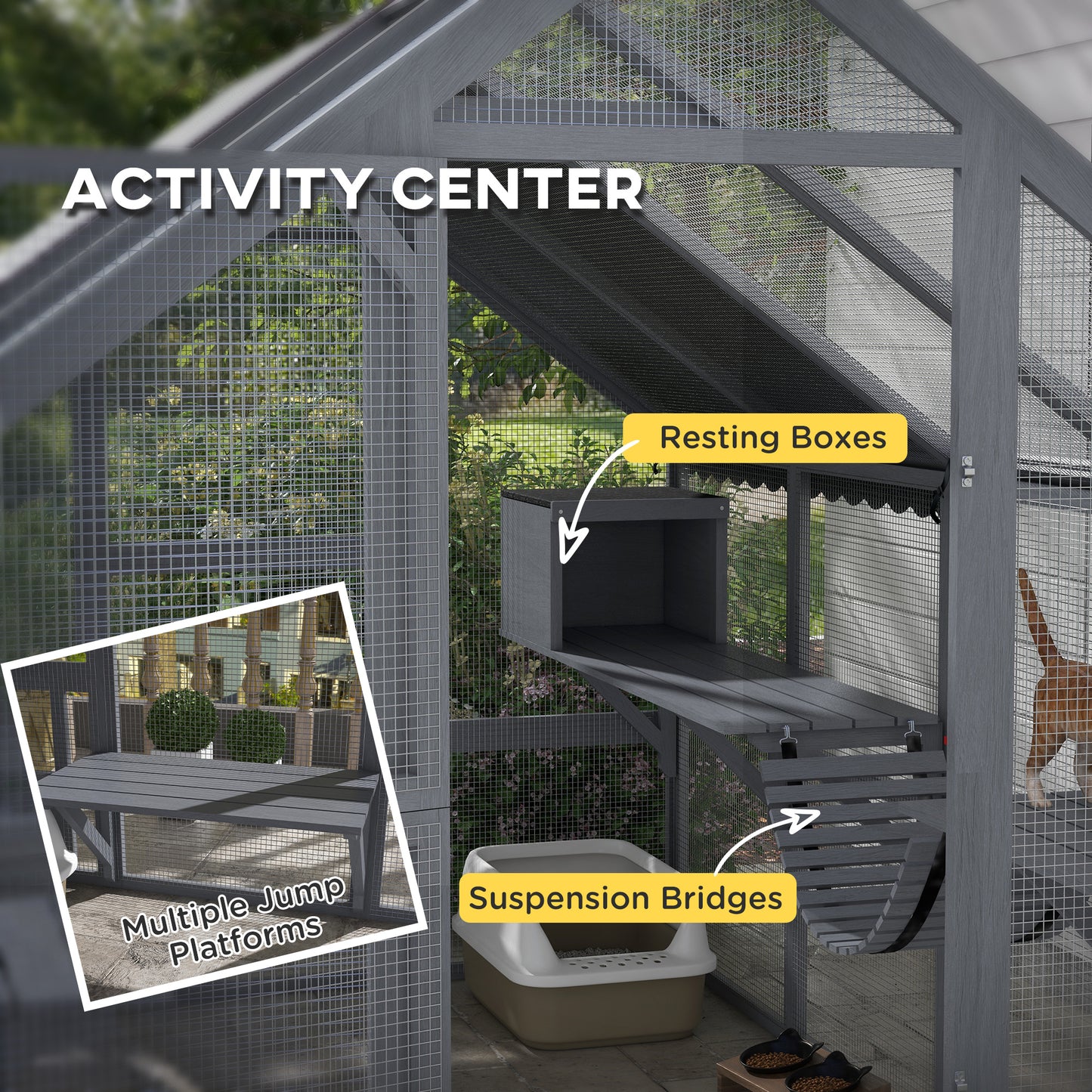 PawHut Wooden Catio Outdoor Cat Enclosure with Waterproof Cover, 2 Condos, 6 Platforms, Bridge, Doors, Gray