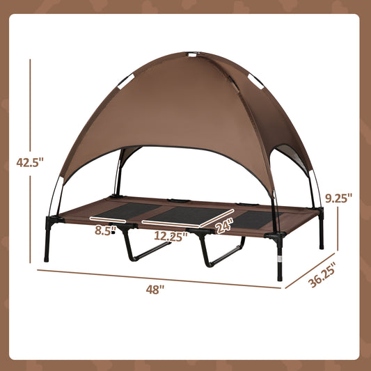 PawHut 48" x 36" Elevated Portable Dog Cot Cooling Pet Bed with UV Protection Canopy Shade, Coffee
