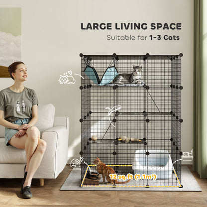 PawHut DIY 4 Tier Cat Cage Indoor with Hammock, Ramps, Jumping Platforms, Doors, Cat Enclosure for 1-3 Cats, 3 x 3 x 4, Black