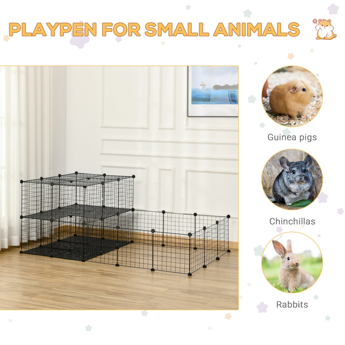 PawHut Pet Playpen with Door, Metal Mesh Cage with Mallet, Black