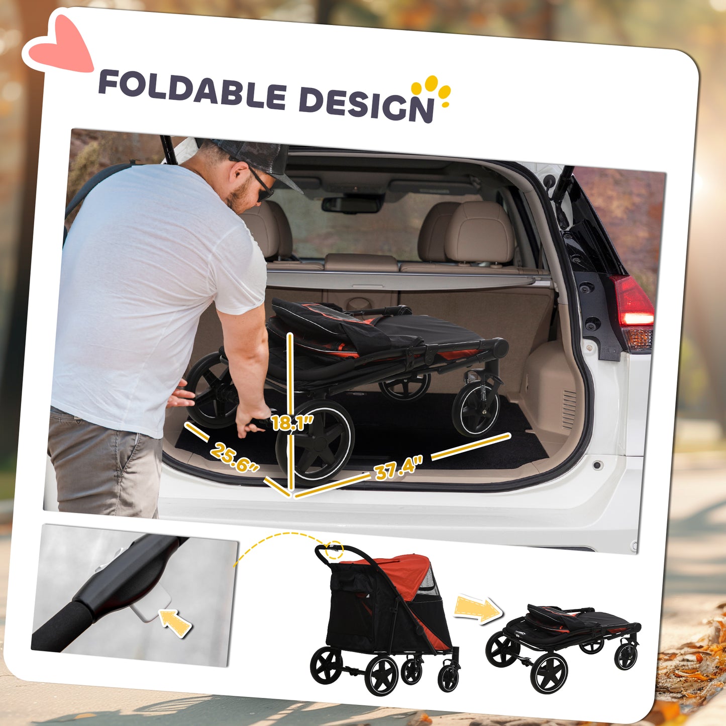 PawHut Dog Stroller for Large Medium Small Dogs up to 66 Lbs. 23.5" in Body Length, One-Click Foldable Pet Cat Stroller with Storage, Shock Absorption Wheels, Mesh Window, Safety Leash, Red