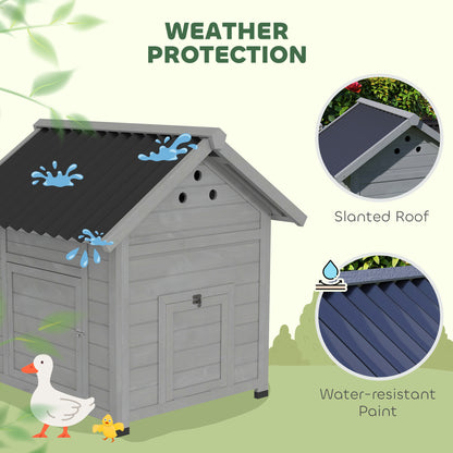 PawHut Duck Coop, Wooden Duck House with Openable Roof & Double Doors, Light Gray