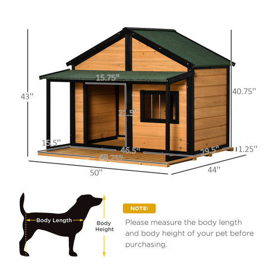 PawHut Outdoor Dog House Cabin Style, Wooden Raised Pet Kennel with Asphalt Roof, Front Door, Side Window, Porch for Medium and Large Dogs, Gray