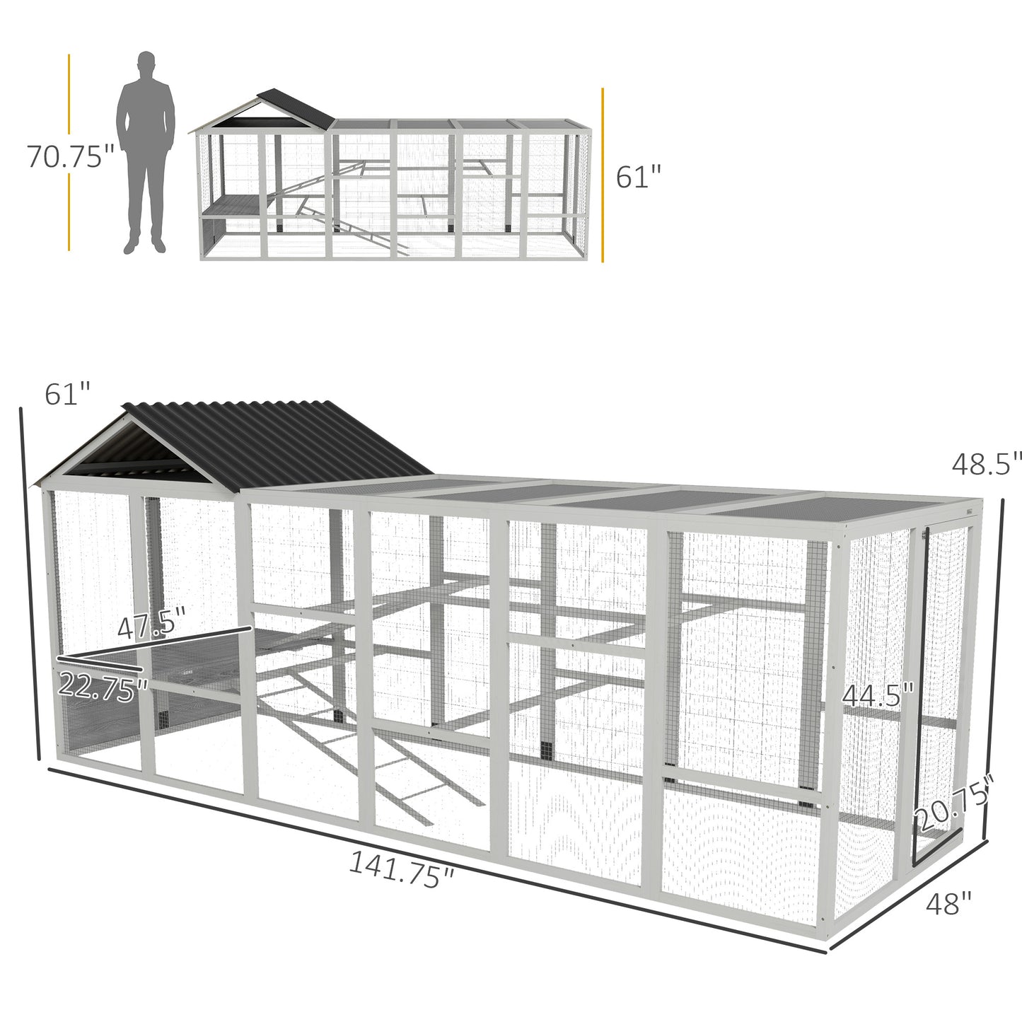 PawHut Wooden Chicken Coop Run for 6 - 10 Chickens, Hen House Add-On with Storage, Perches, 141.75" x 48" x 61", Gray