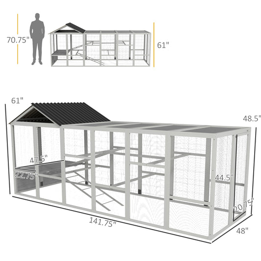 PawHut Wooden Chicken Coop Run for 6 - 10 Chickens, Hen House Add-On with Storage, Perches, 141.75" x 48" x 61", Gray